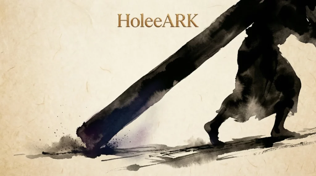 수묵화로 표현된 십자가를 지고 걷는 예수님의 하반신 실루엣, 좁은 길을 걷는 결의를 담은 HoleeARK 발걸음 앨범 커버